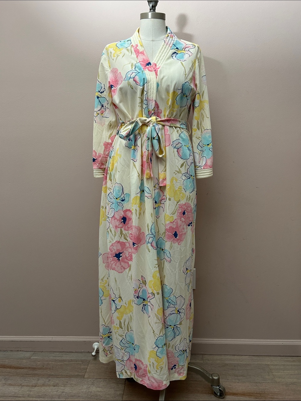 Sears Cream Satin Floral Robe with Pink, Blue & Yellow Blooms